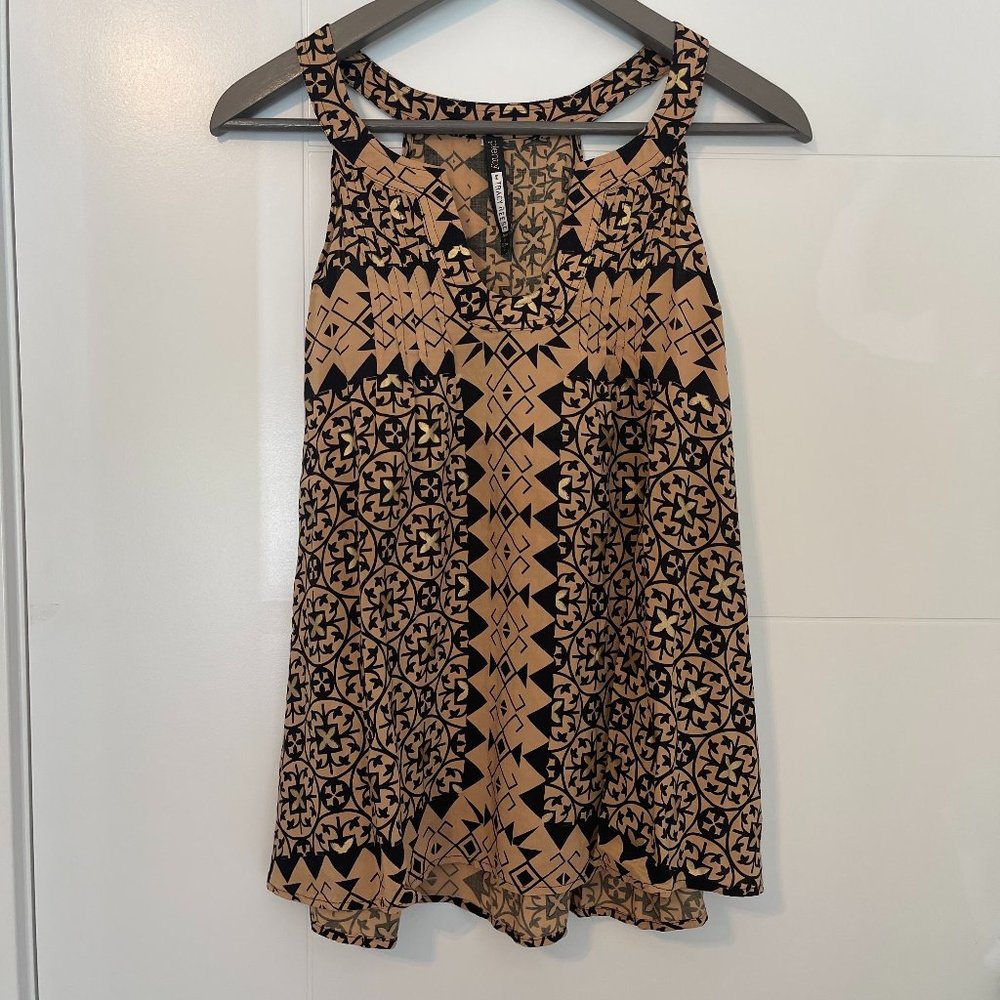 Anthropologie Plenty by Tracy Reese tank blouse beige black pattern small  EUC